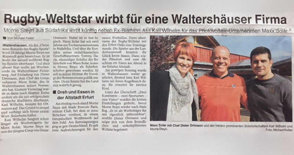 Zwei Weltstars, zwei Kontinente, eine Vision- Kati Wilhelm und Morné Steyn bei maxx-solar